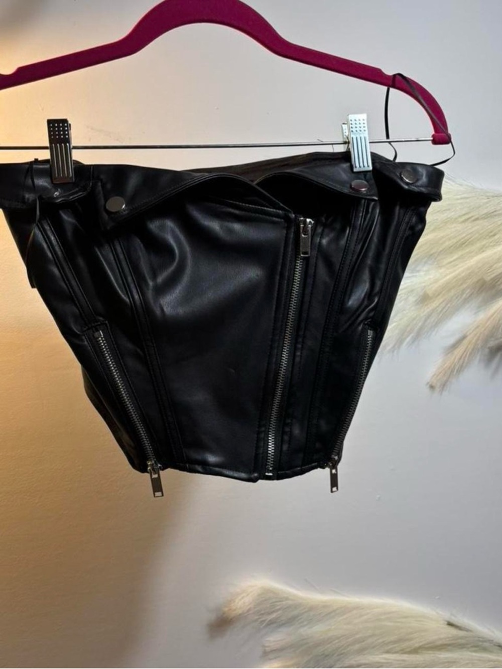 (#107) Black Faux Leather Corset Zip Detail Top